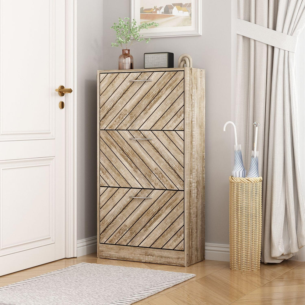 Small Shoe Cabinet with 3 Flip Drawers, Slanted Surface, Light Brown