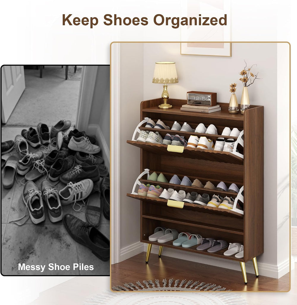 Shoe Storage Cabinet with with 2 Flip Drawers, Entryway Shoe Rack Organizer w...