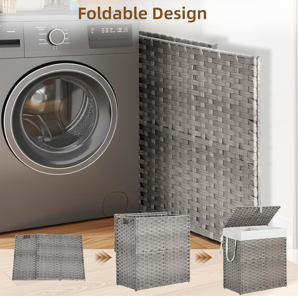 Woven Laundry Hamper with Lid, Large Rattan Clothes Hamper with Removable Mac...