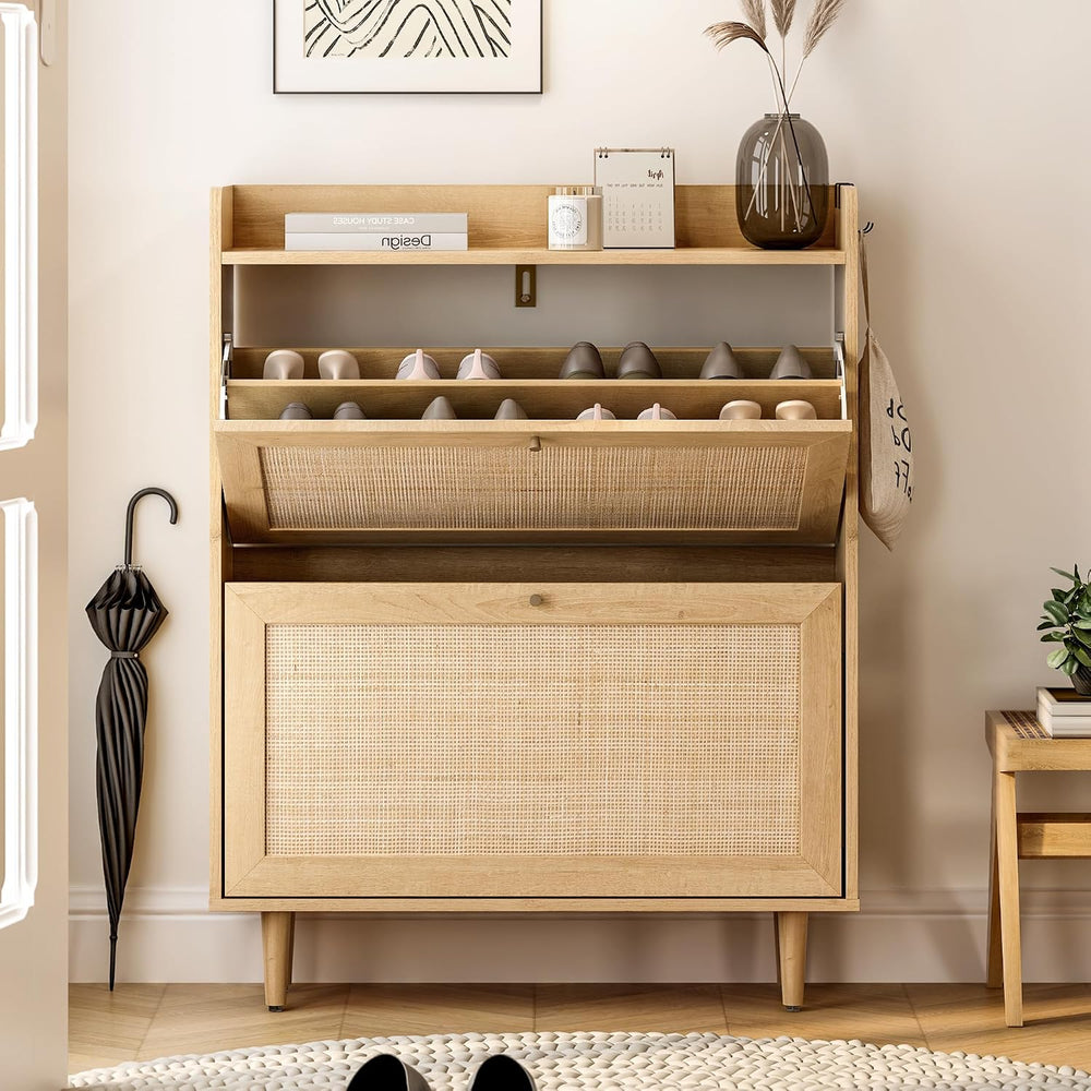Rattan Shoe Storage Cabinet with 2 Flip Drawers, Farmhouse Freestanding Organ...