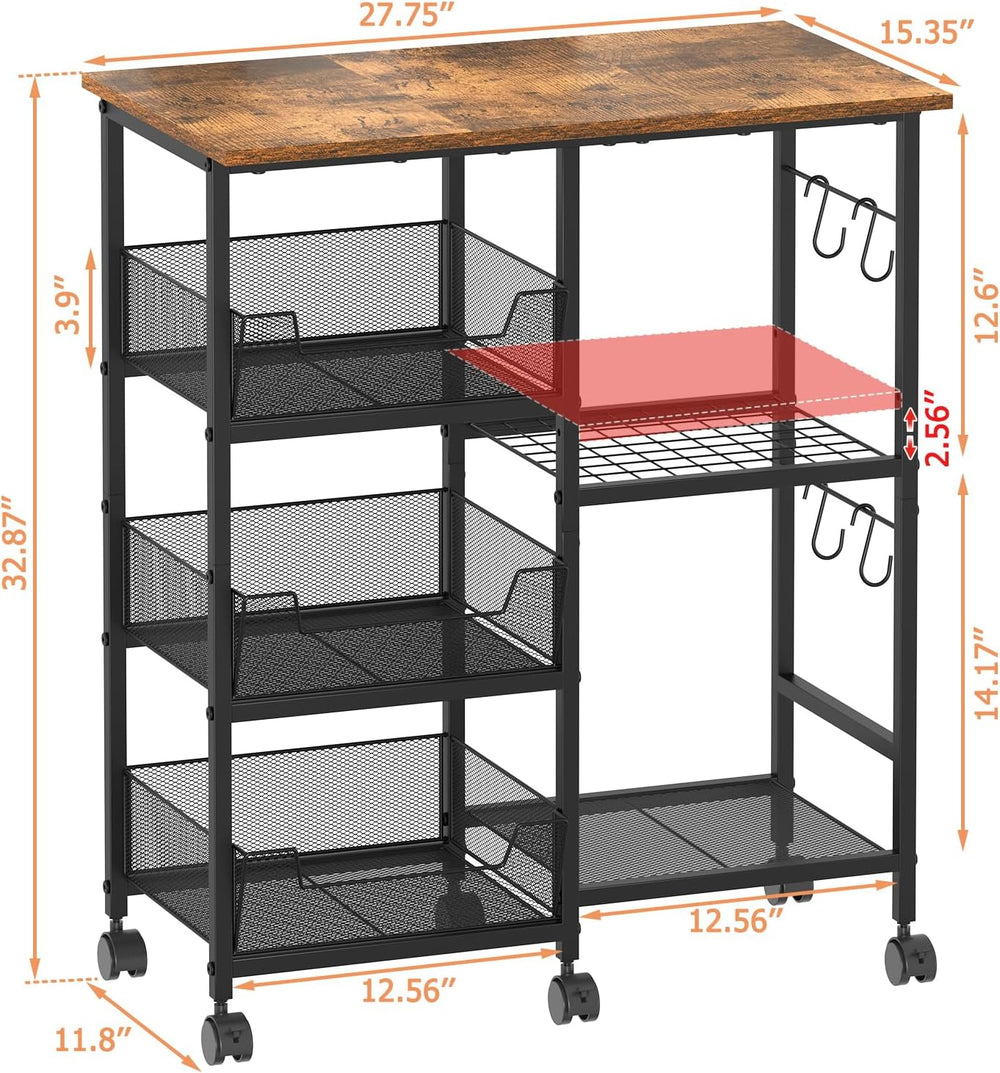 Rolling Kitchen Microwave Organizer Cart, Adjustable Shelves, Black