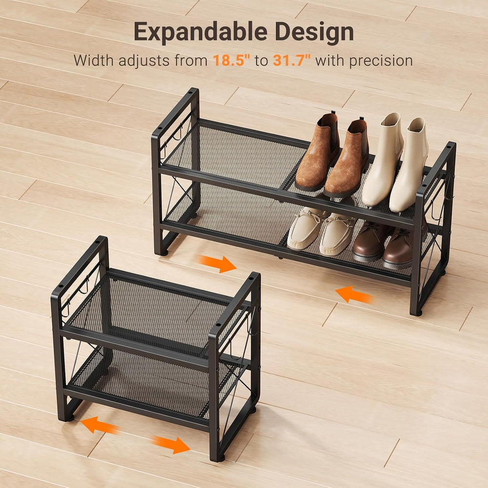 ELYKEN Expandable Shoe Rack for Closet, 2-Tier Metal Black Shoe Organizer