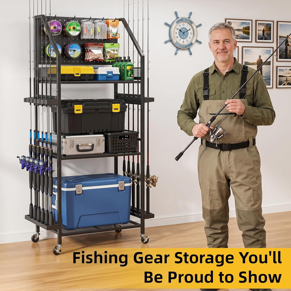 Fishing Rod Holder with Wheels for Garage, 12-Rod Fishing Pole Holders