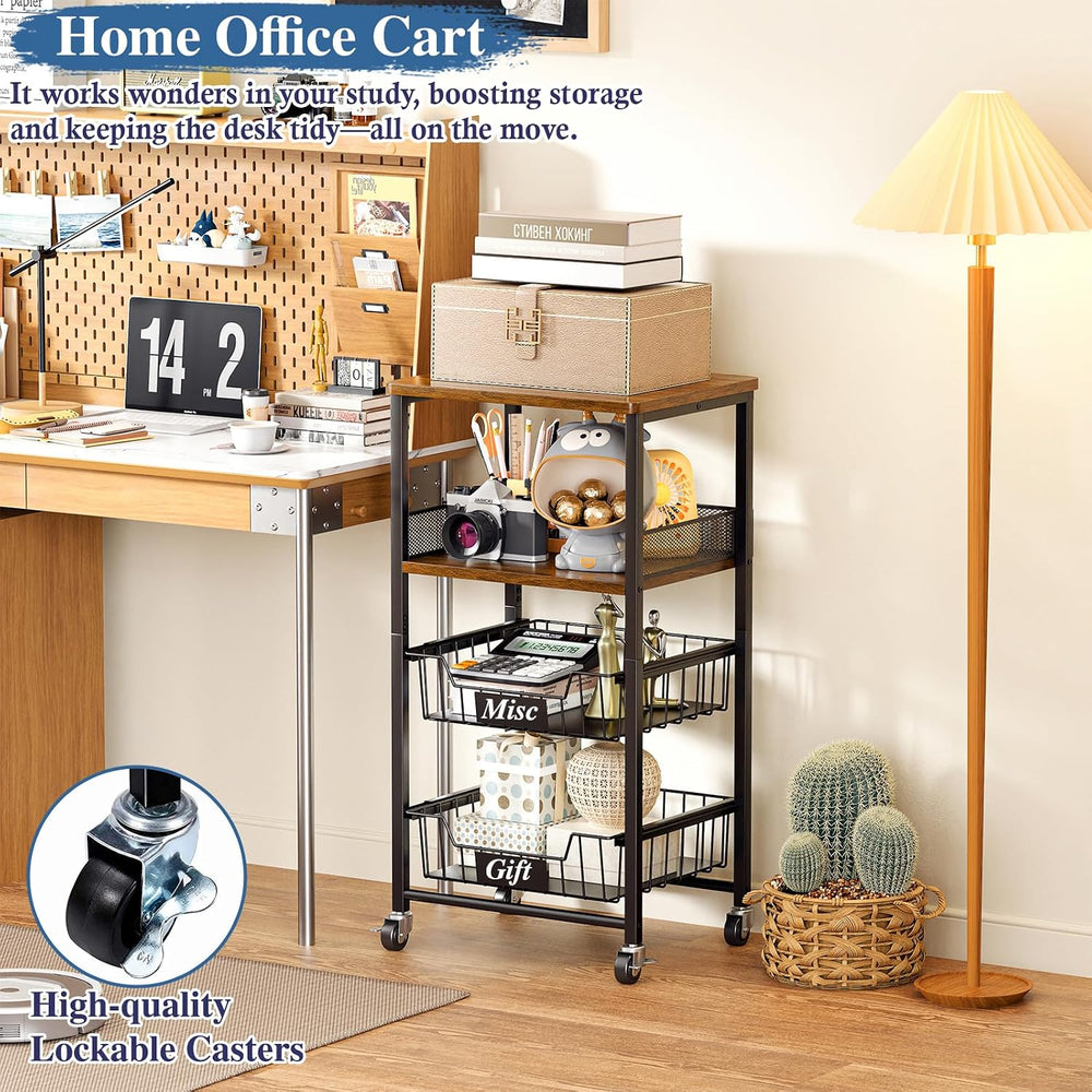 OKZEST 4-Tier Rolling Storage Cart with Upgraded Drawer Basket & Wood Shelf
