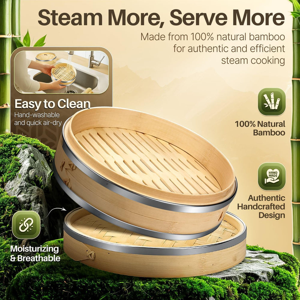 Flexzion 10-Inch Bamboo Steamer Basket Set with Stainless Steel Banding
