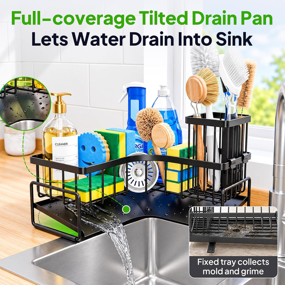 Large Sponge Holder for Kitchen Sink: L-Shaped Sink Caddy with Brush Holder