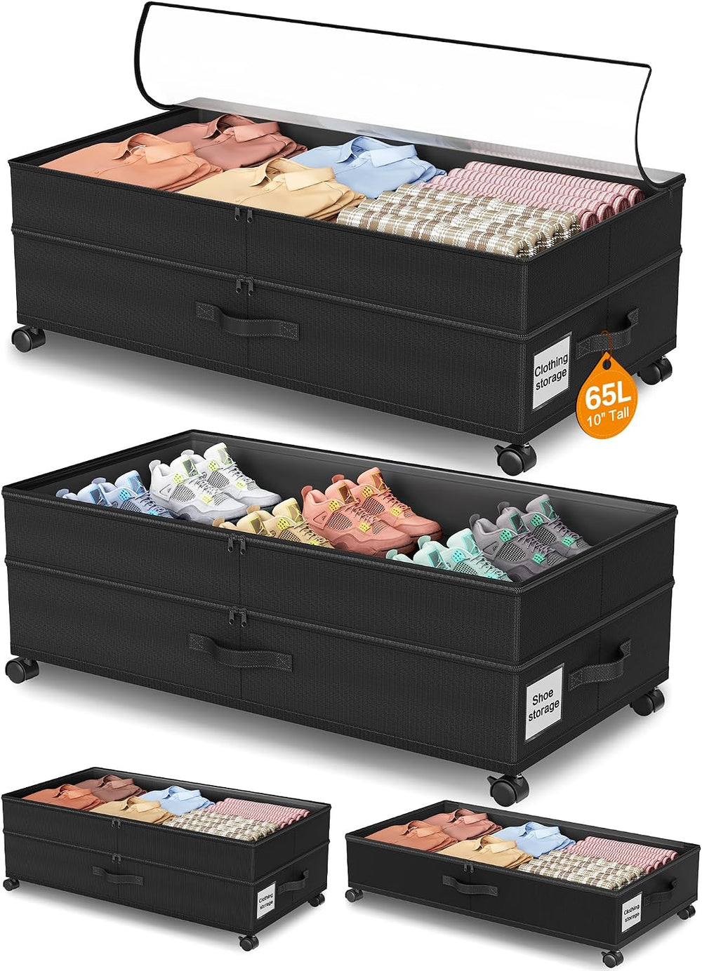 Under Bed Storage with Wheels,2Pack Underbed Shoe Storage Organizer,7.5-10.6 ...
