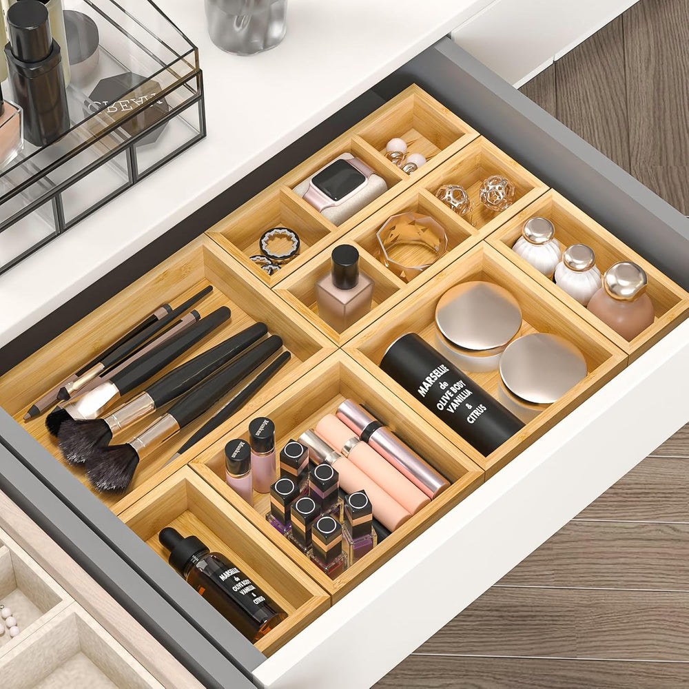 Bamboo Drawer Organizer, Set of 9 Wood Kitchen Junk Tea Desk Office Tray, Woo...