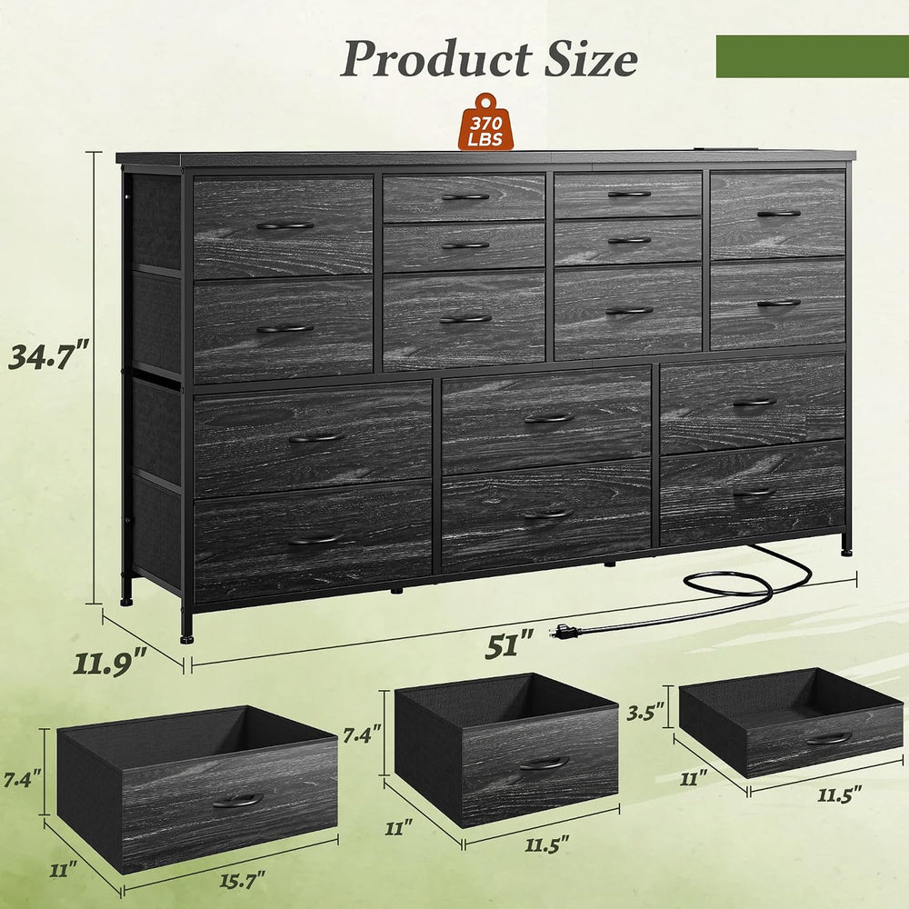 Romorgniz Long Dresser with 16 Fabric Drawers, TV Stand & Charging Station