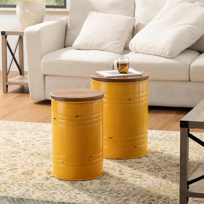 Glitzhome Rustic End Table Set of 2, Farmhouse Galvanized Metal Barrel Ottoman Storage Stool with Round Wood Lid for Living Room Furniture, Yellow