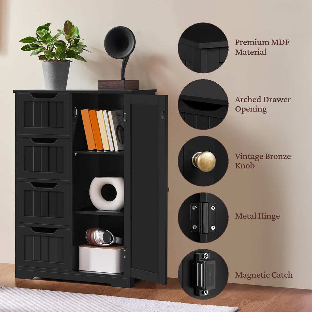 Yaheetech Small Bathroom Storage Cabinet with 4 Drawers & Door, Black