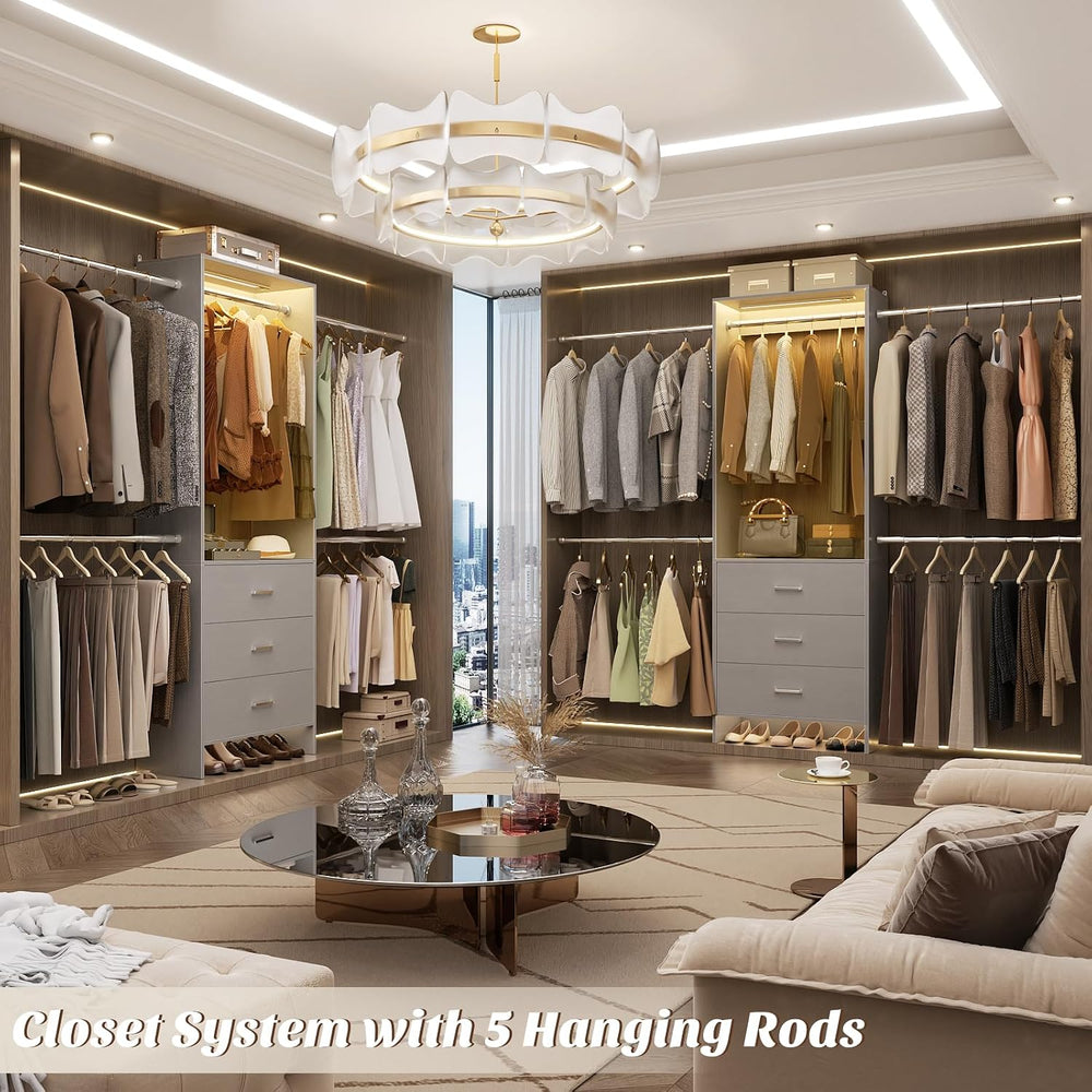 Aheaplus Closet System with Motion-Sensing Light, 3 Wooden Drawers and 4 Hang...