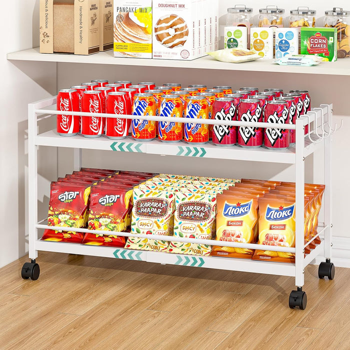2-Tier Expandable Rolling Pantry Cart with Wheels, Adjustable Floor Organizer for Kitchen Pantry, Can Organizer for Pantry, Storage Cart for Snack, Food, Vegetables, White, Patent Pending