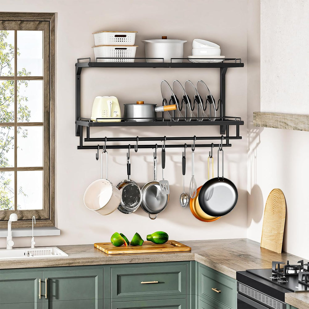 Pot Rack, Wall Mounted Pan Holder, 2-Tier Pot and Pan Organizer, Heavy Duty P...