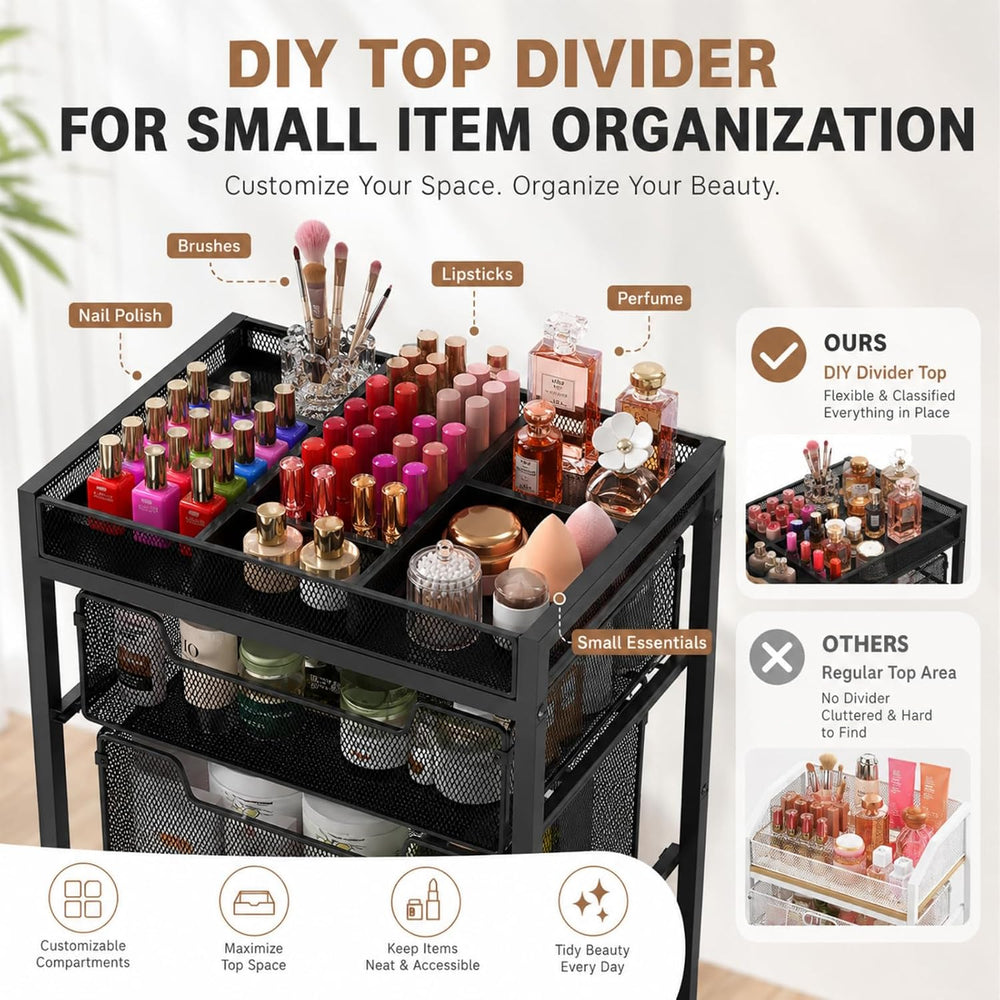 5-Tier Rolling Makeup Cart Organizer with 4 Drawers, Cosmetics Display with D...