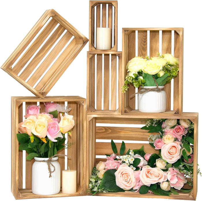 6 Pcs Wooden Crates for Display, Nesting Wood Crate for Storage, 6 Size