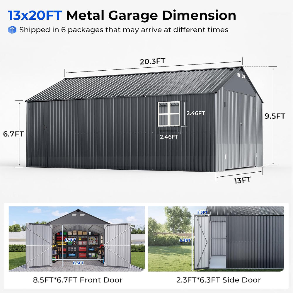 9.5FT Tall Outdoor Metal Garage 13x20FT, Built-In Solar Lights Storage Shed