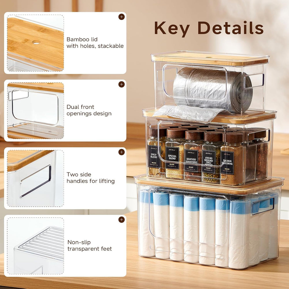3-Pack Trash Bag Holder,Trash Bag Dispenser with Bamboo Lid, Stackable Acryli...