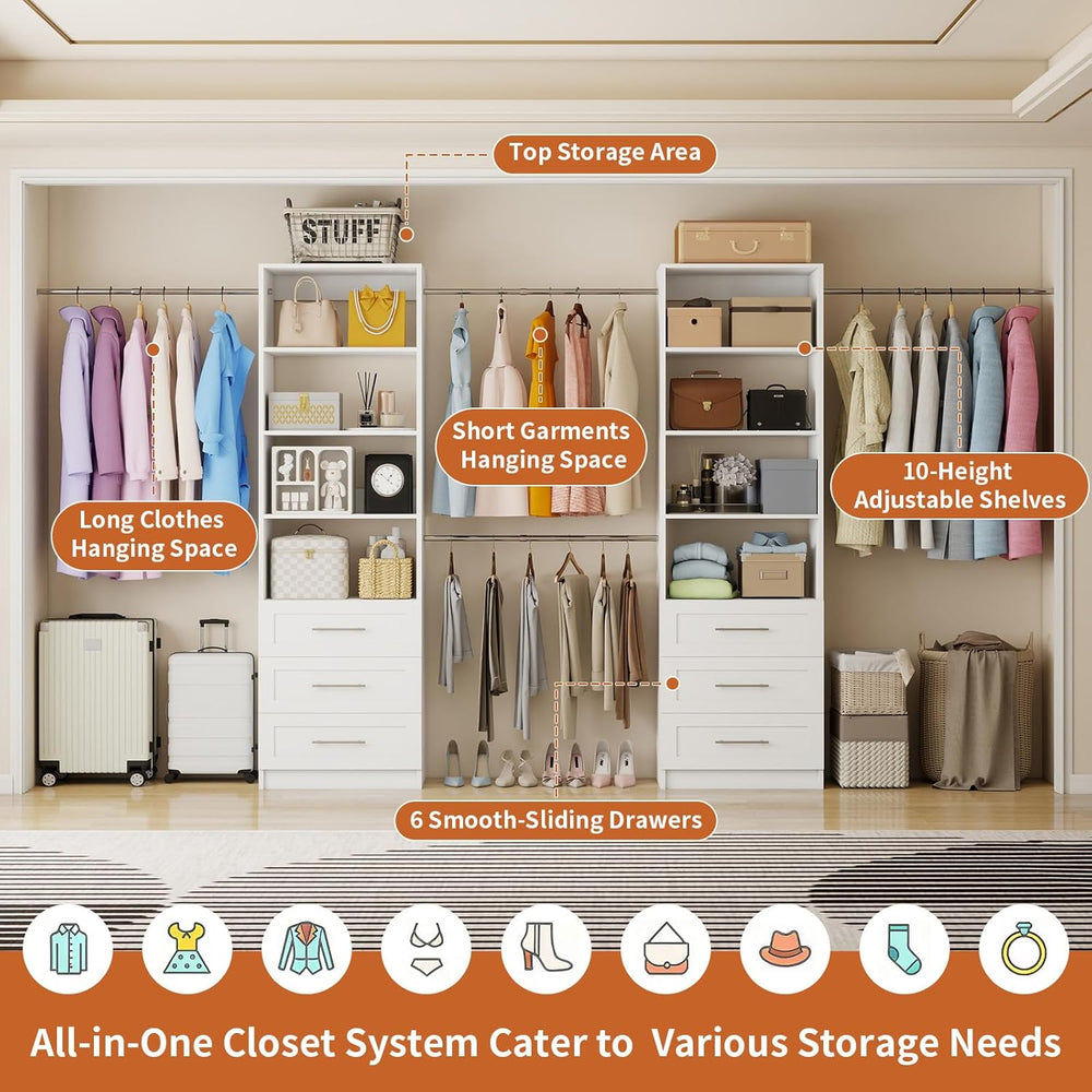 Closet System with 6 Drawers, 5-14FT Custom Closet Organizer System with 8 Ex...
