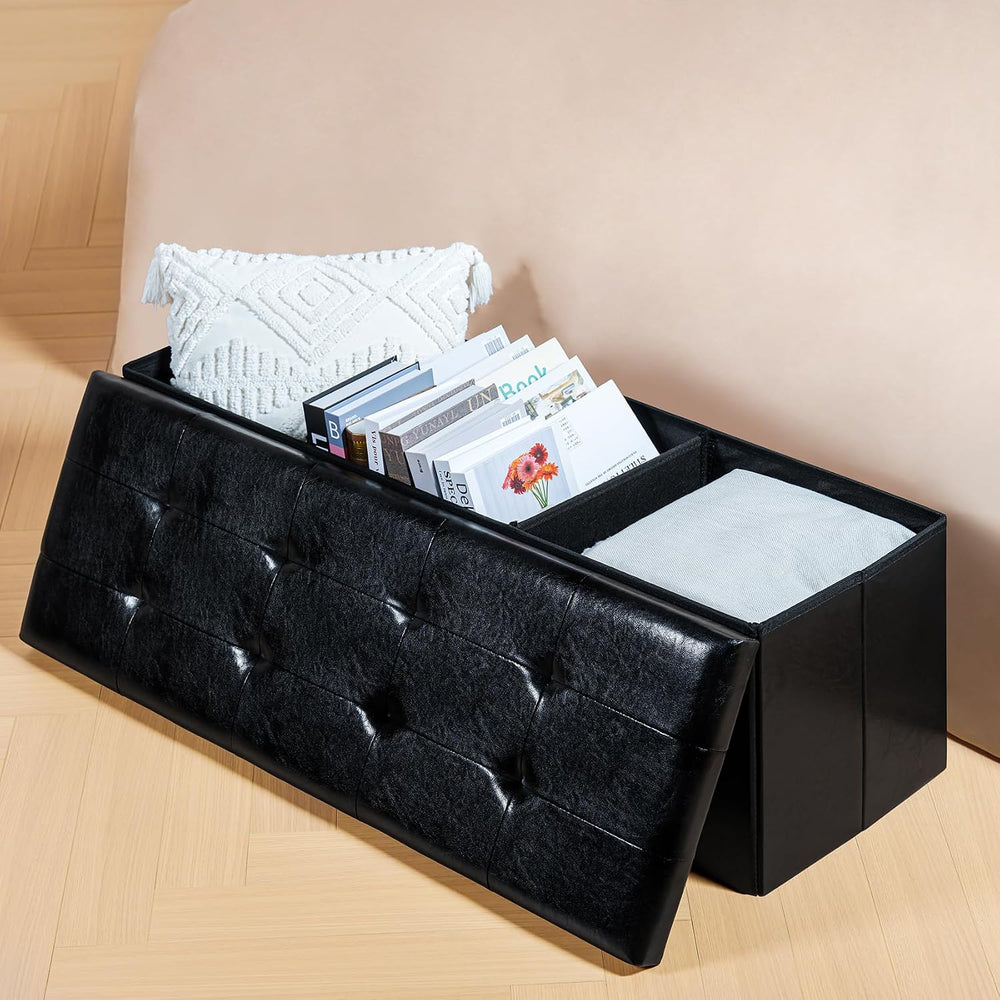 PINPLUS Folding Storage Ottoman Bench, Black Faux Leather