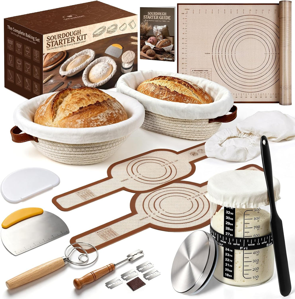 Sourdough Starter Kit with Proofing Basket,bread baking supplies & 34oz Jar