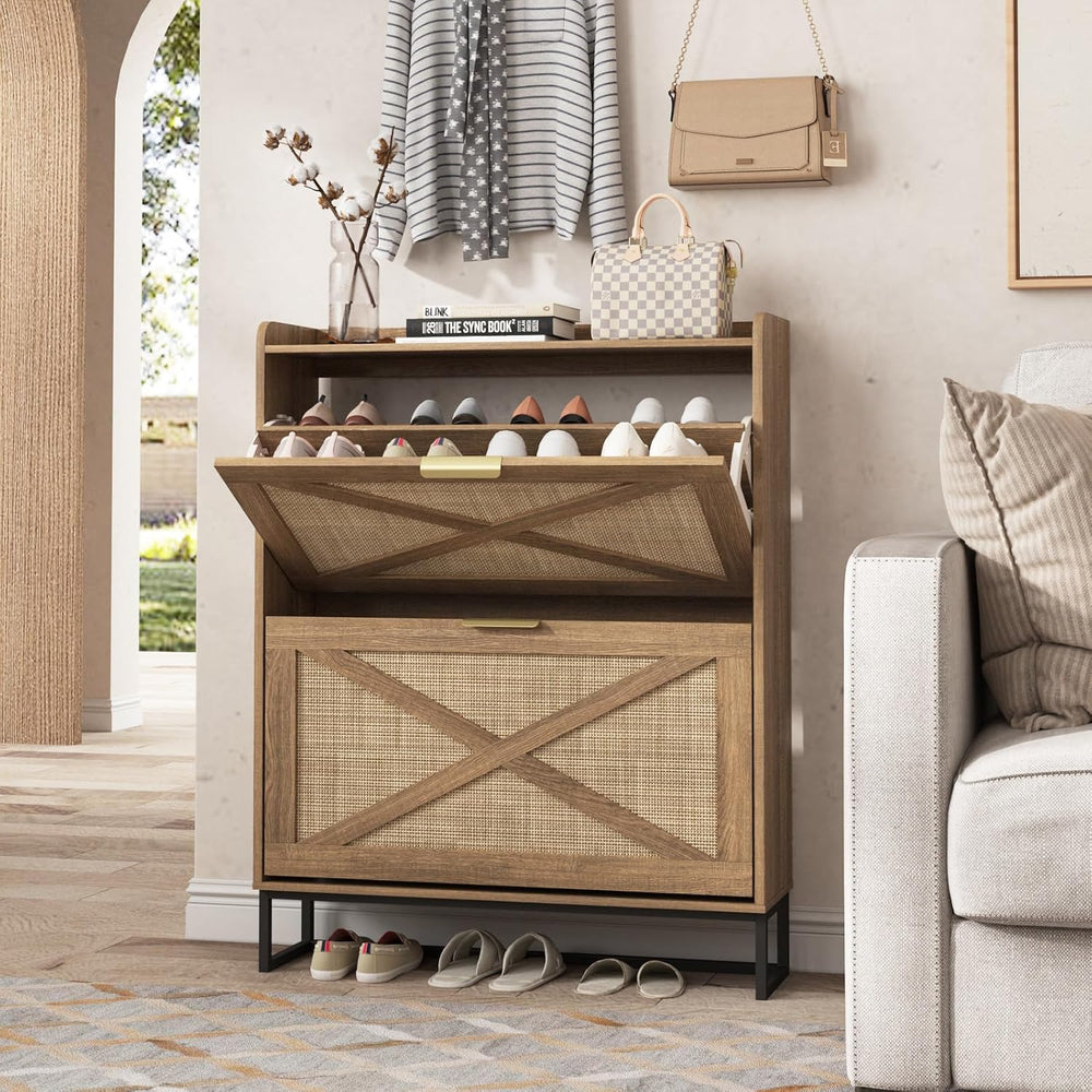Maupvit Shoe Storage Cabinet with 2 Rattan Flip Drawers, Freestanding Organiz...