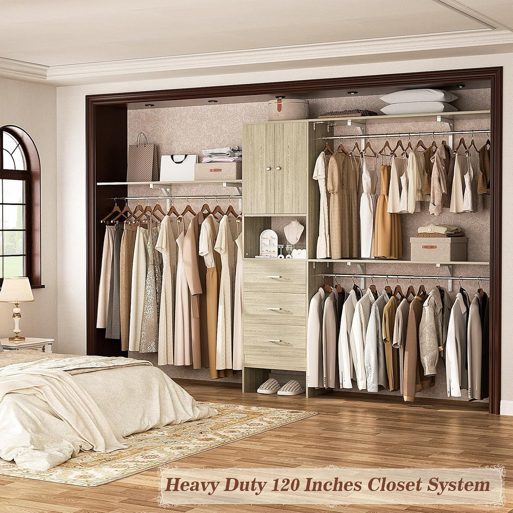 120 Inches Closet System With Doors, 10FT Walk In Closet Organizer with 3 She...