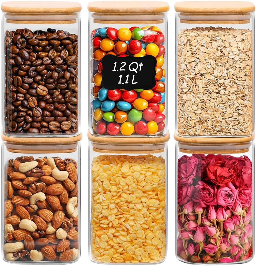 ComSaf Glass Storage Containers with Lids 1.2 Qt, Set of 6 Food Storage Jar