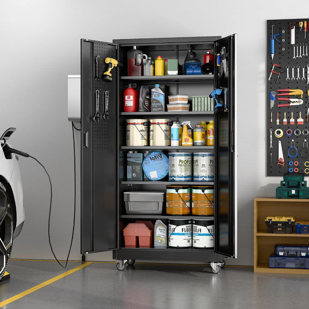Aobabo Black Metal Garage Storage Cabinet with Wheels, 34"W x 18"D ...