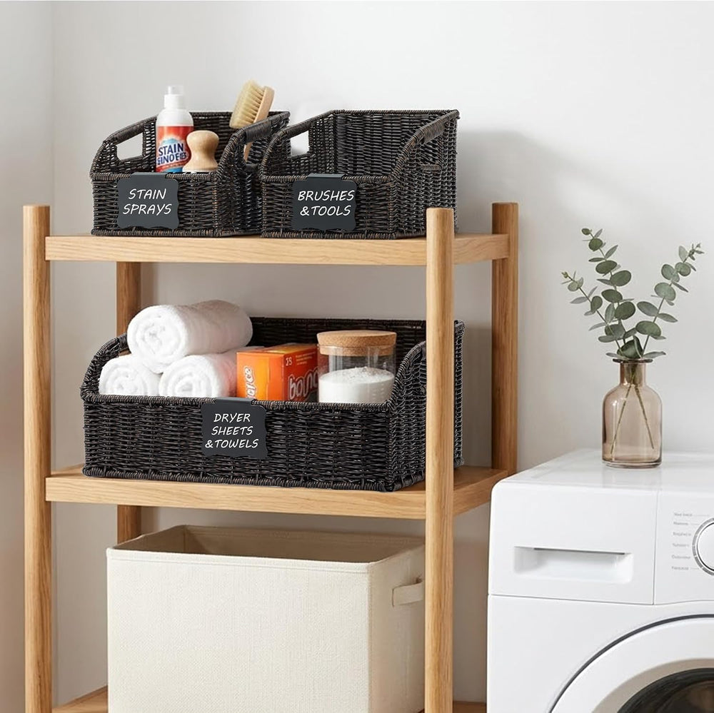 Brownlily Faux Wicker Pantry Storage Baskets, Black-Single Set (3-Piece)