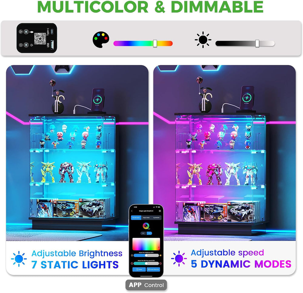 HNEBC Glass Display Cabinet with USB Charging Station&LED Lights,Black