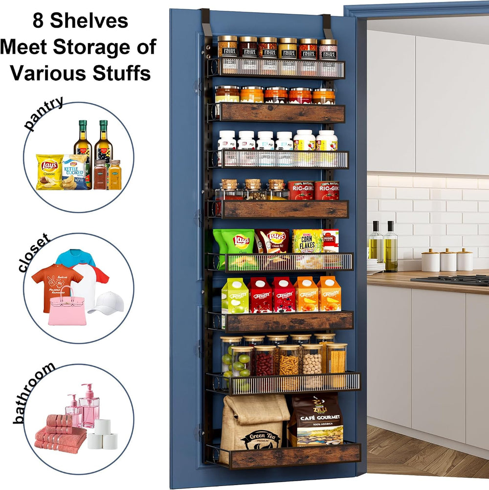 8 Tier Pantry Door Organizer Spice Rack, 2-IN-1 Wall Mount or Hanging Over Do...