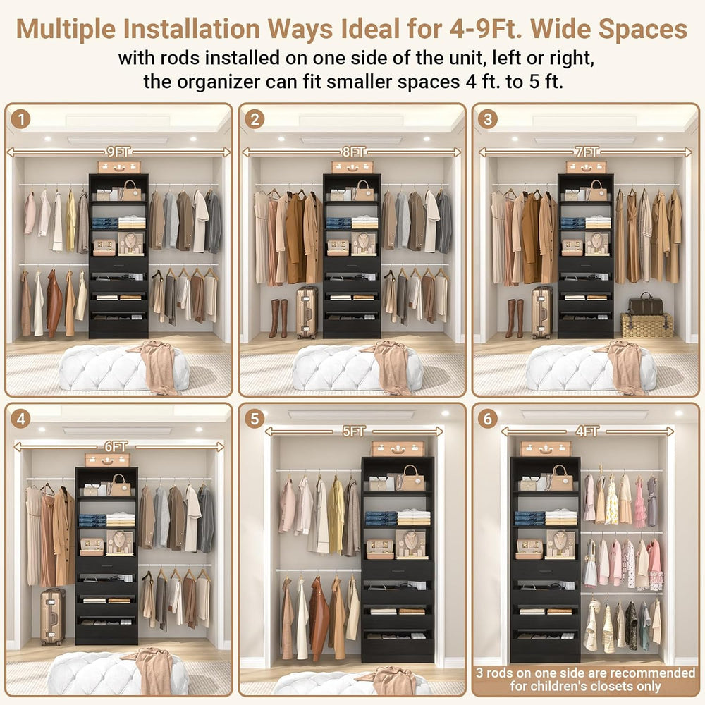 Aheaplus Closet System, 4-9Ft Closet Organizer with 4 Wooden Drawers, Black