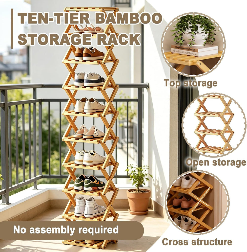 10 Tier Bamboo Shoe Rack, Foldable 10 Tier Bamboo Corner Shoe Rack,Small Shoe...
