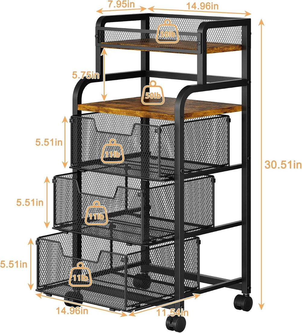 Yociyoga Fruit Vegetable Storage Cart, Kitchen Rolling Cart with Wheels, 4 Ti...