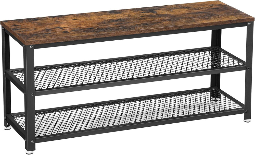 VASAGLE 3-Tier Shoe Rack, Storage Bench with Metal Mesh Shelves and Seat