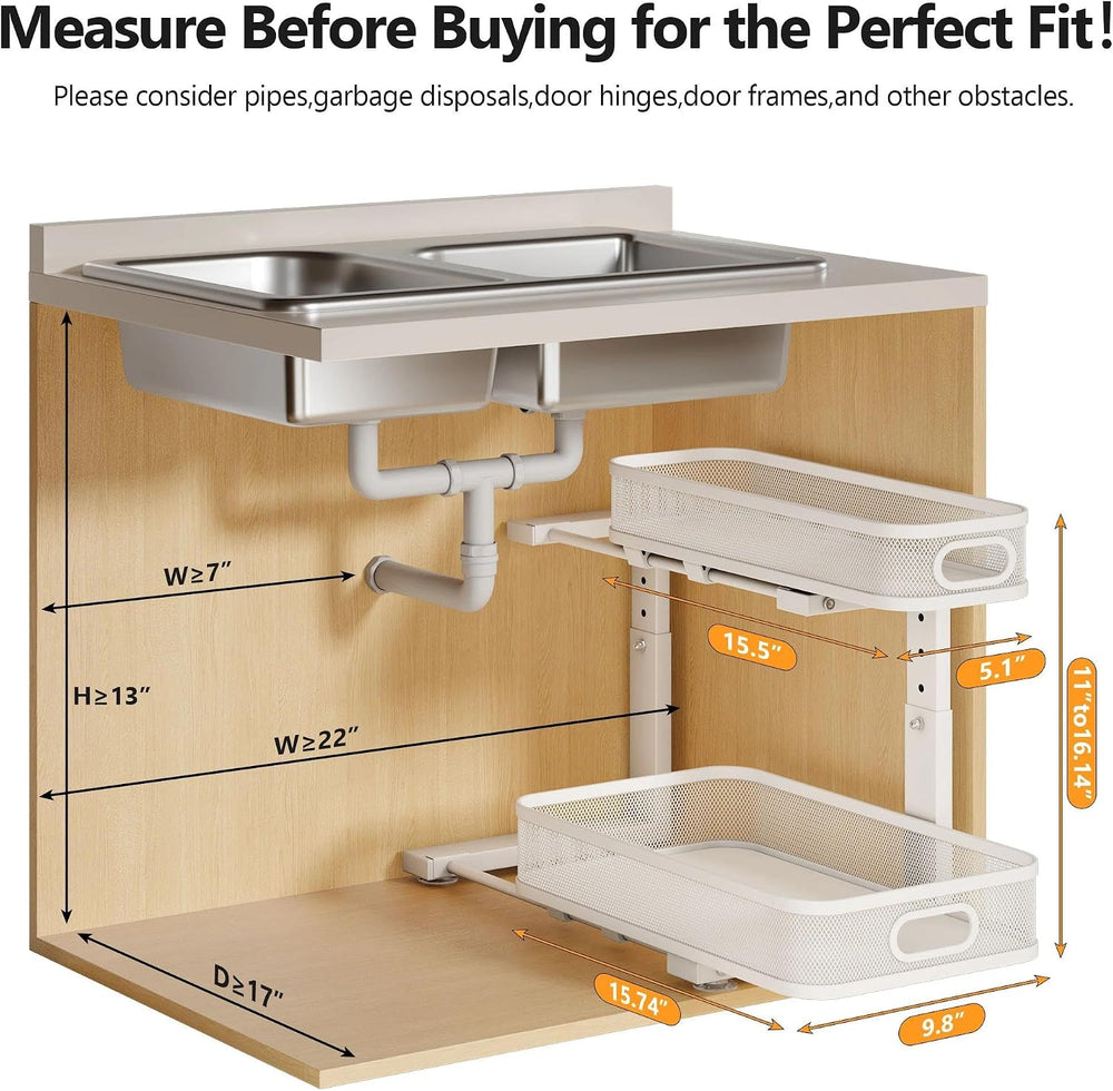 2 Pack Under Sink Organizer With Smooth Cylindrical Rail,2-Tier Pull Out Mult...
