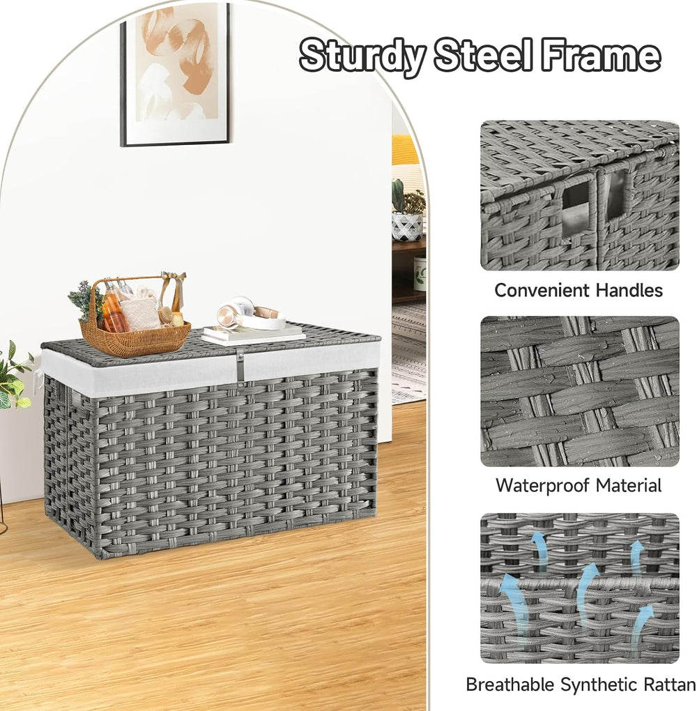 180L Wicker Storage Basket with Lid, Handwoven Rattan Large Shelf Basket with...