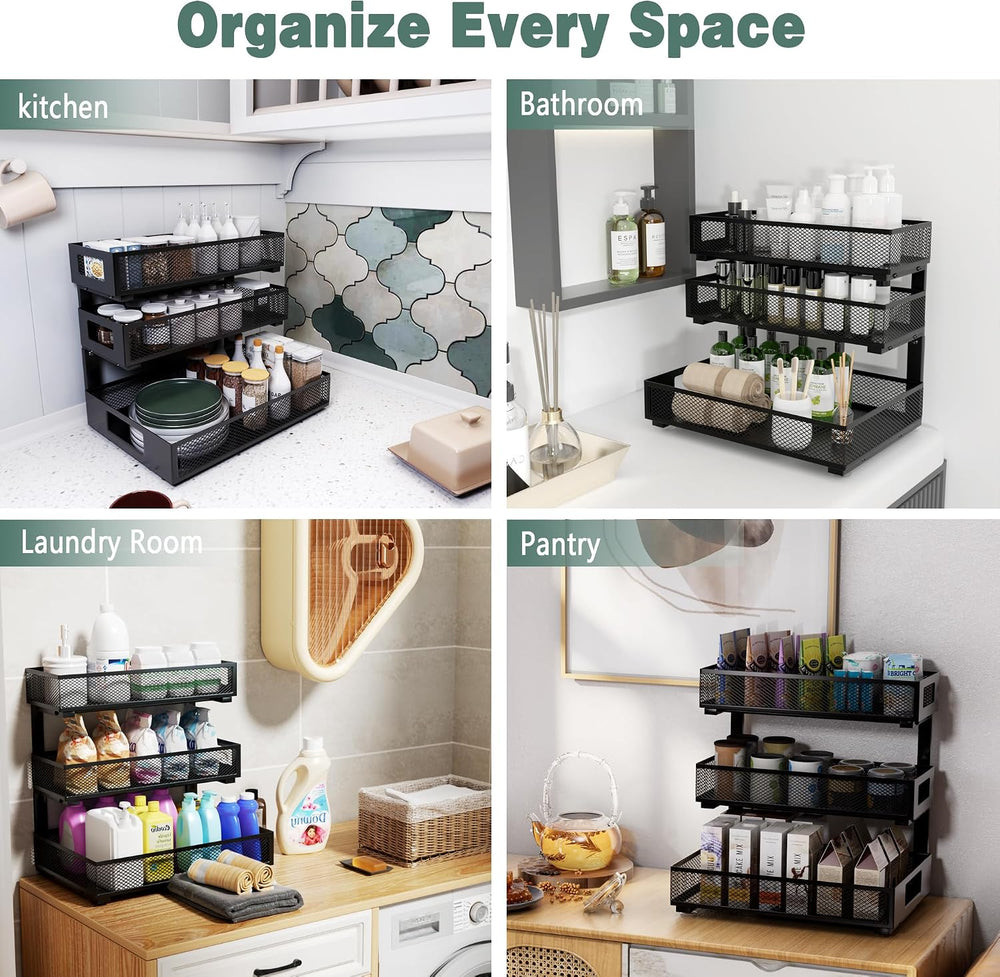 Under Sink Organizer, 3-Tier Height Adjustable Pull Out Cabinet Organizer