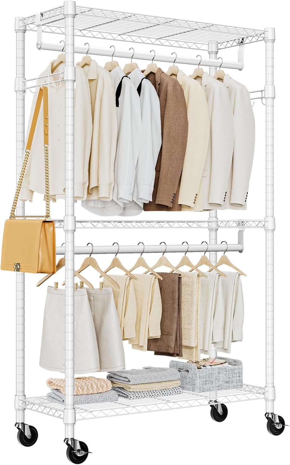 M MZG Heavy Duty Rolling Garment Rack 3 Tiers Adjustable Wire Shelving Clothe...