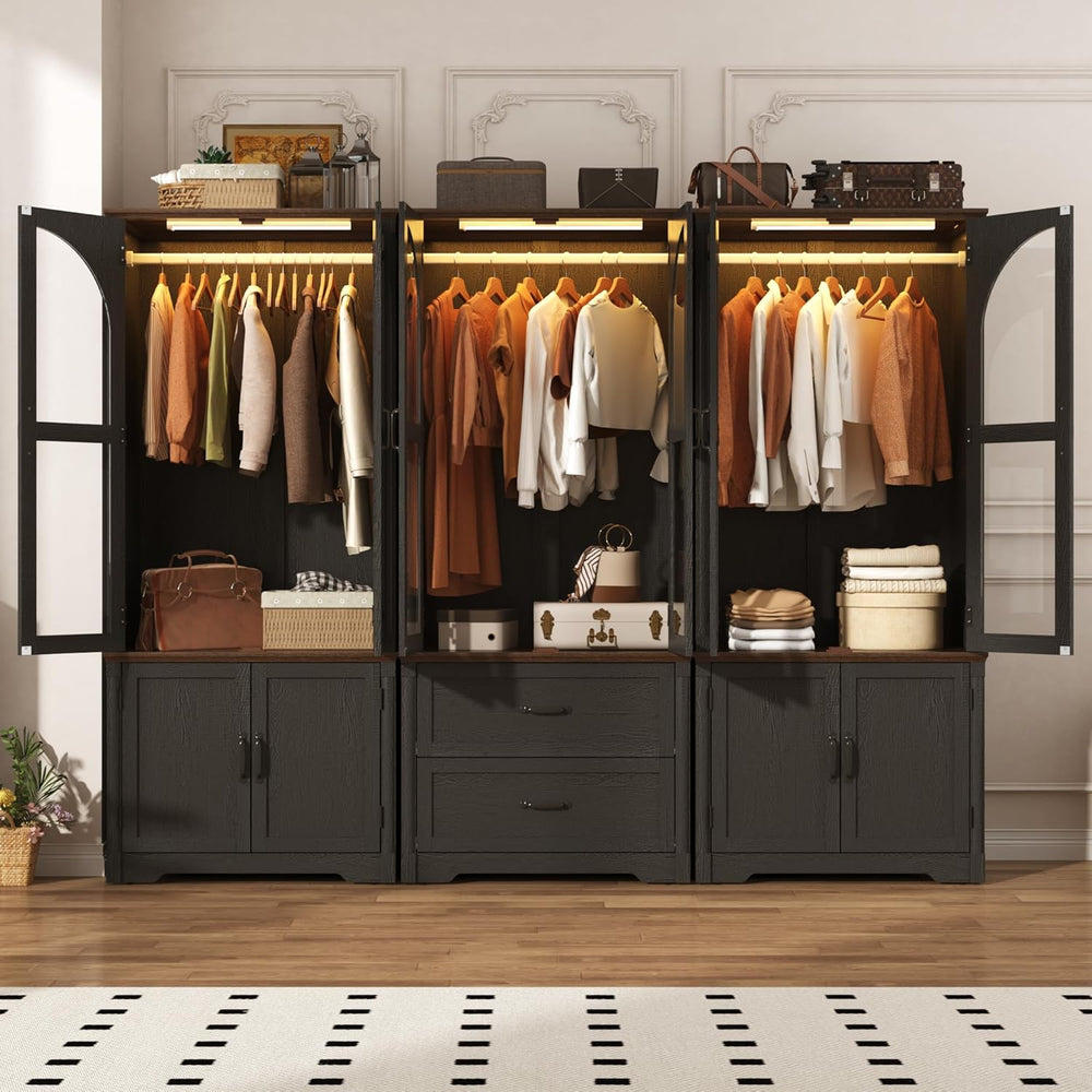 Tall Farmhouse 6 Doors Armoire Wardrobe Closet with LED ,72" Freestandin...
