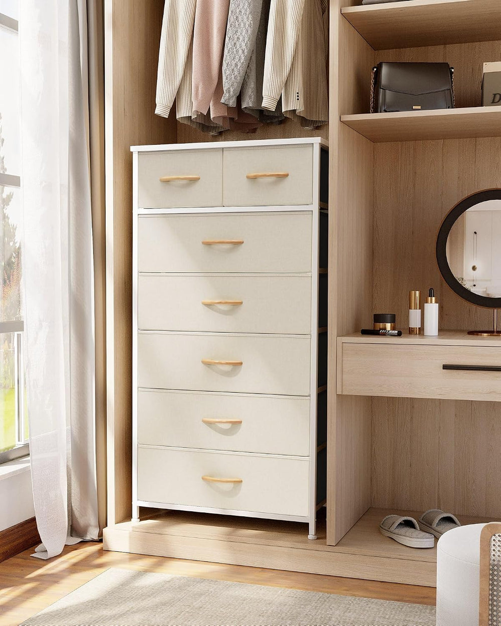 Fabric Dresser with 7 Drawers, Vertical Storage Tower (Beige)