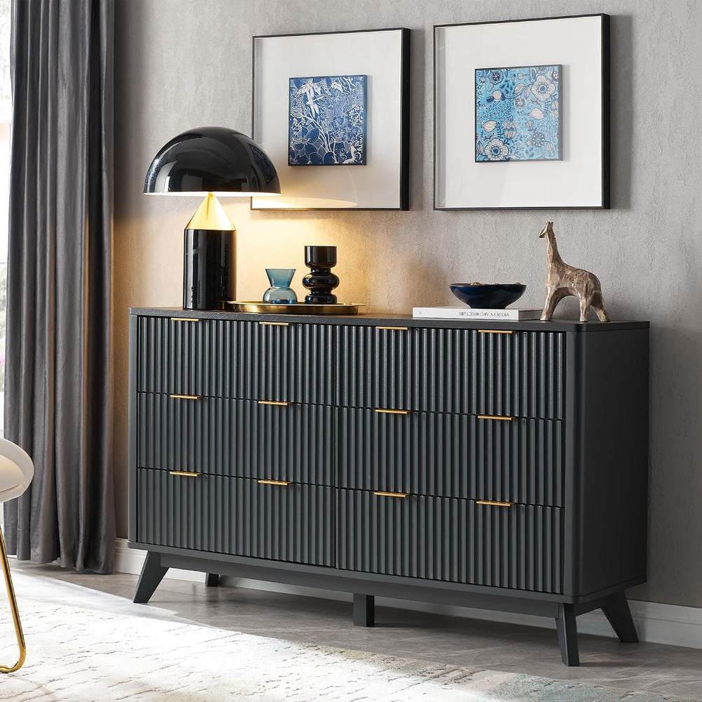 T4TREAM 54" Wide Fluted 6 Drawer Dresser for Bedroom, Dark Grey