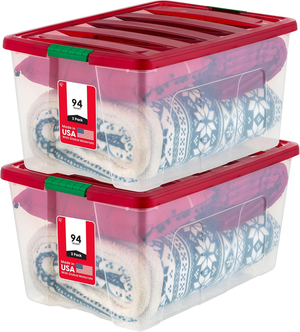 IRIS USA 2-Pack, 94 Qt. Holiday Storage Bin with Lids, Red