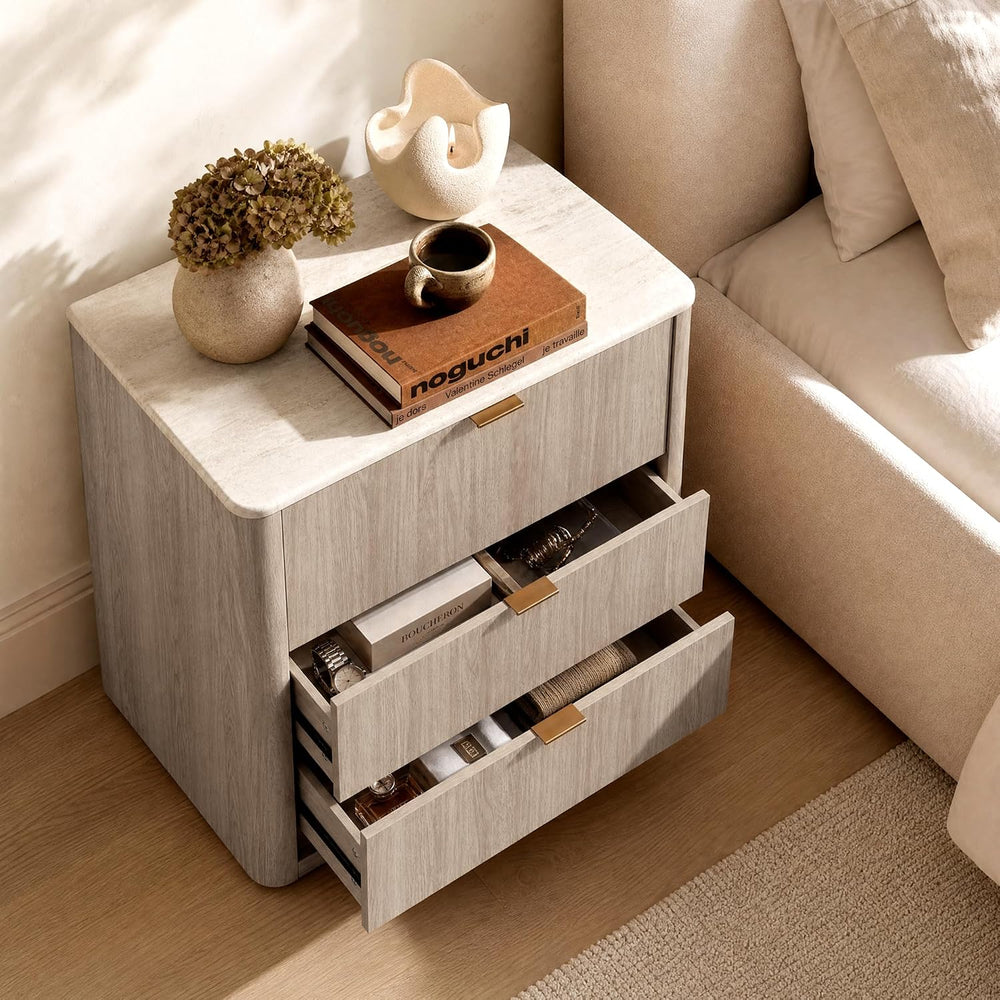 ModernMate 3 Drawer Dresser with Curved Profile & Faux Travertine Texture...