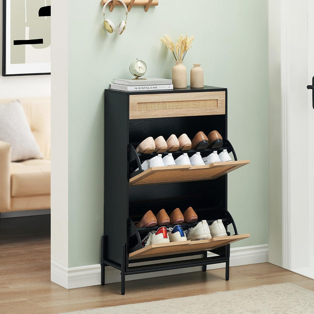 GAOMON Natural Rattan 2 Flip Door with 1 Drawer Shoe Rack Storage Cabinet, Sh...