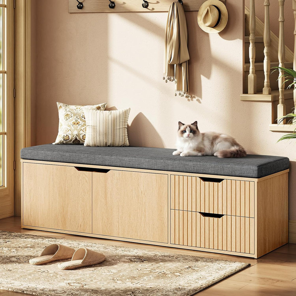59" Storage Bench with Drawer, 2-Tier Shoe Bench with Storage, Long Entr...