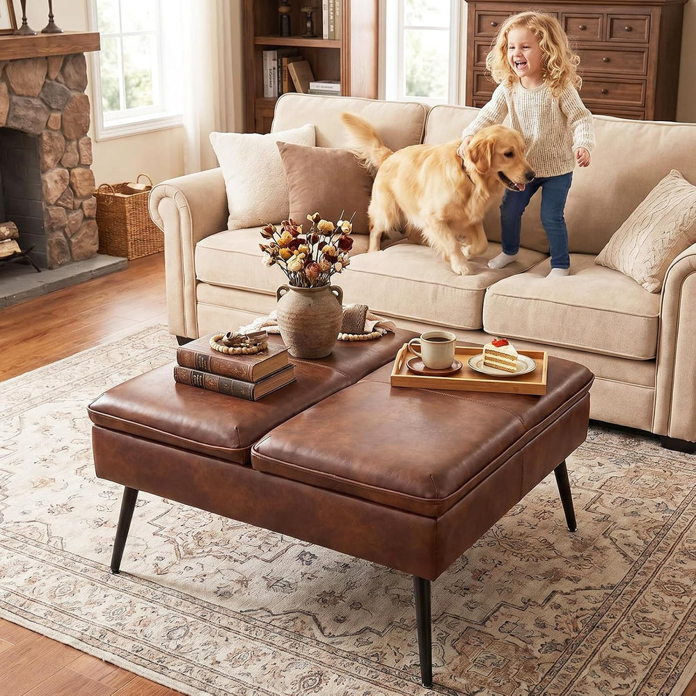 Square Ottoman with Storage Coffee Table Large Upholstered Cognac