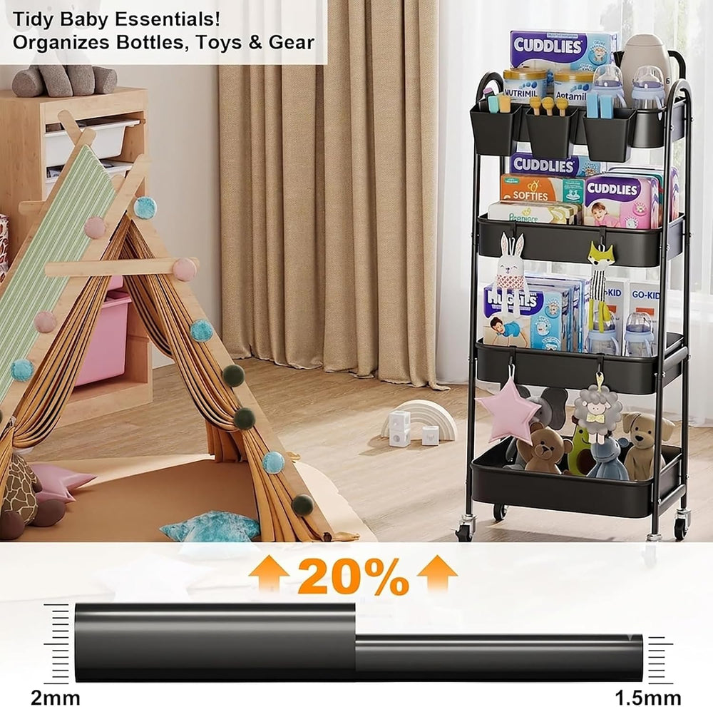 Black 4 Tier Rolling Cart Metal with Lockable Wheels,Four Tiered Dorm Carts