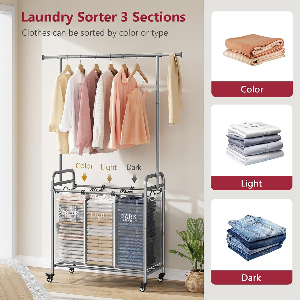 Tajsoon Laundry Sorter 3 Section, Laundry Cart with Hanging Rack, Gray